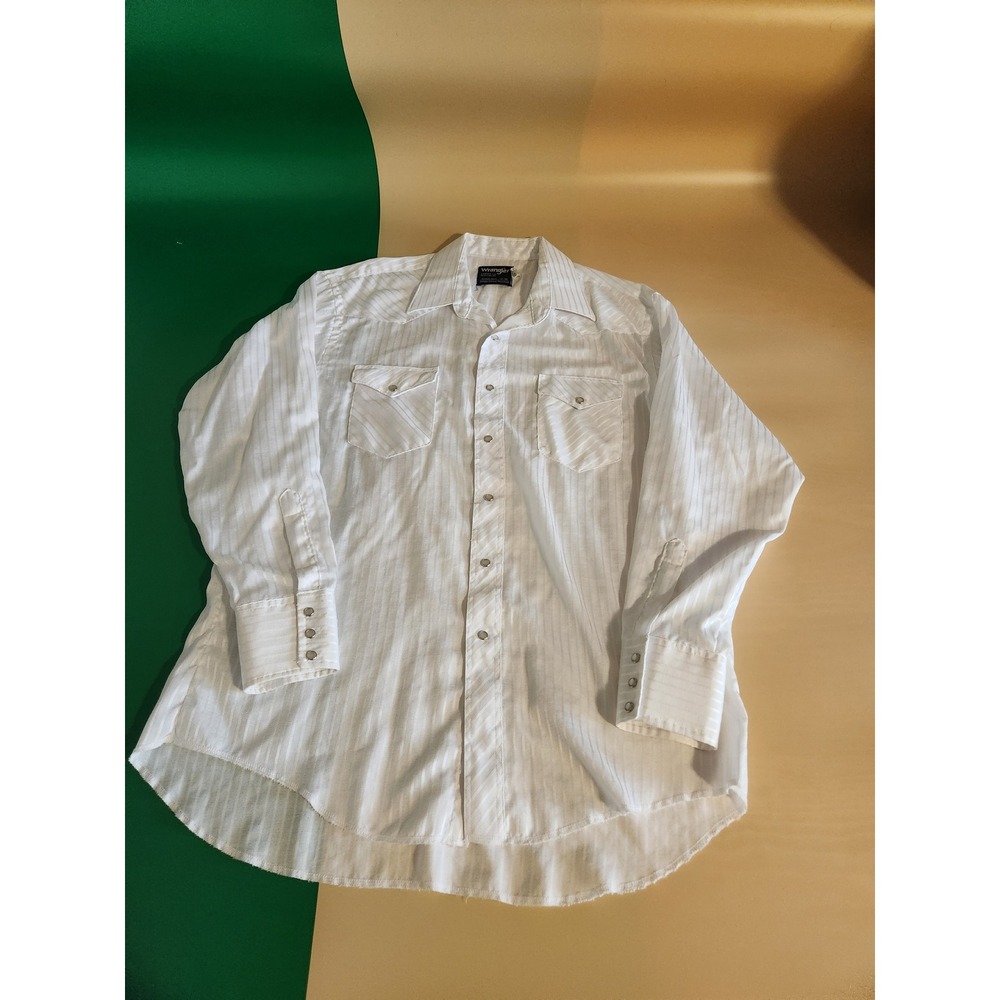 Wrangler Western Snap Shirt‎ Mens 17-34 White Tonal Stripe Cowboy Cut Long Tail